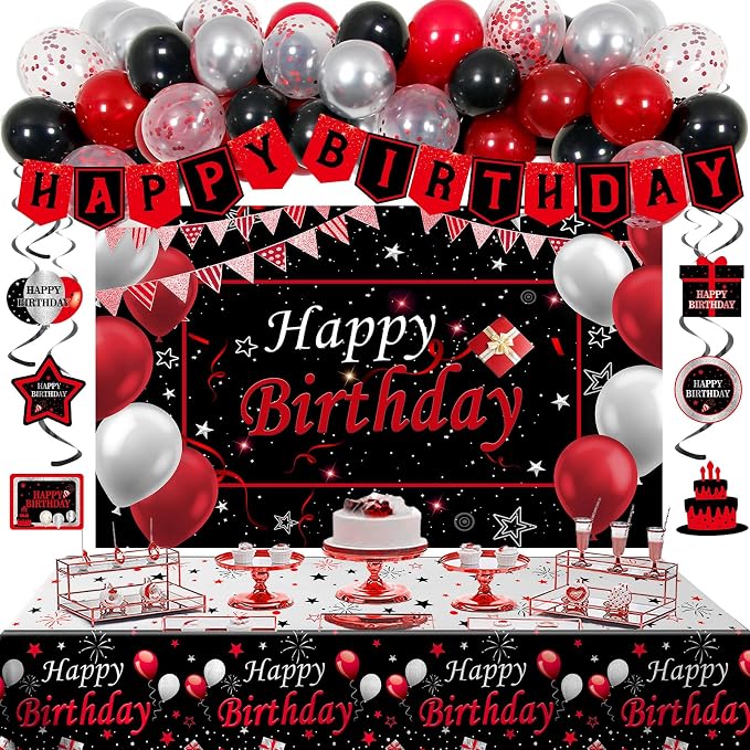 Black and Red Birthday Decorations for Men Women Boys Girls, Black and Red Party Decorations Happy Birthday Banner Backdrop Confetti Silver Balloons Arch Hanging Swirls Party Supplies Tablecloth