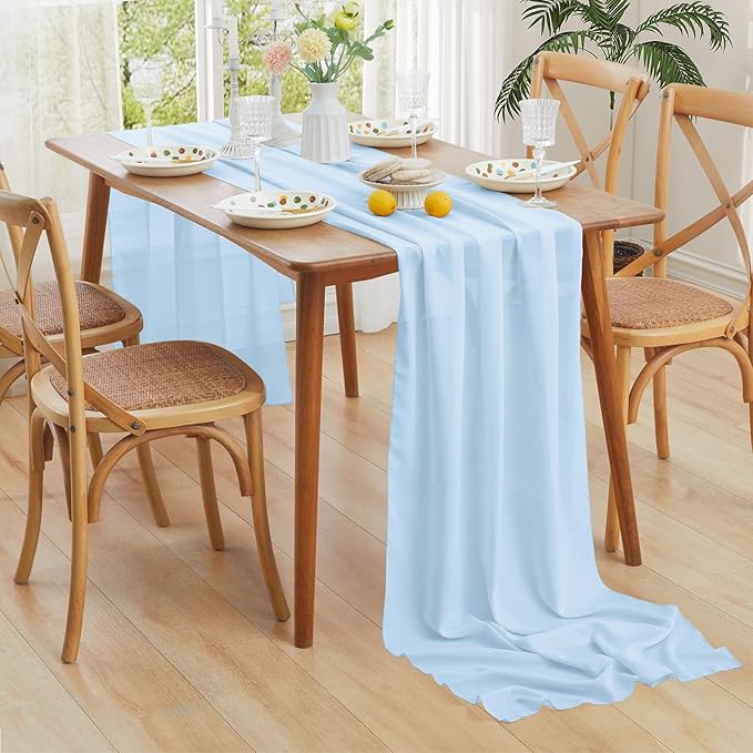 Horbaunal 2 Pack Baby Blue Chiffon Table Runners 10FT Sheer Chiffon Runner 29x120 Inches Romantic Boho Rustic Table Runner for Wedding Party Bridal Baby Shower Table Decorations