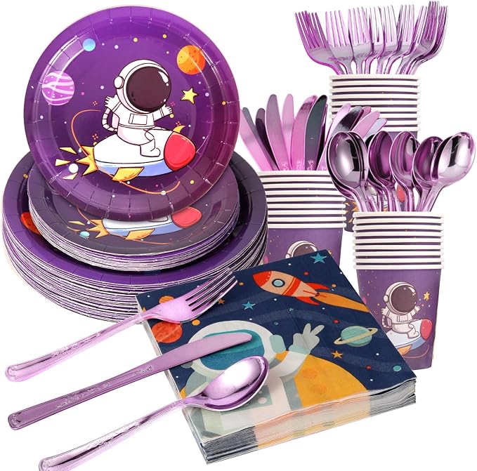 175 Pieces Space Party Supplies Decoration, Outer Space Theme Birthday Plate Set, Galaxy Disposable Tableware Set, Kids Spaceship Rocket Birthday Decorations (25 Guests)