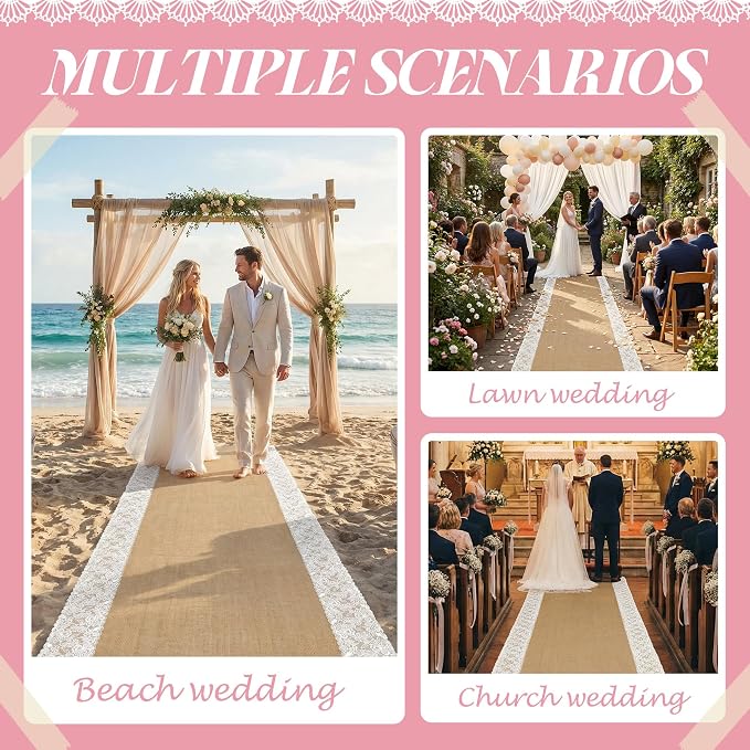 moonoom 15 Ft x 36 in Natural Burlap Wedding Aisle Runner, Rustic Jute Weddings Runway Carpet with Lace, Ceremony Burlap Carpet Roll for Beach Garden Church Reception Craft Decor