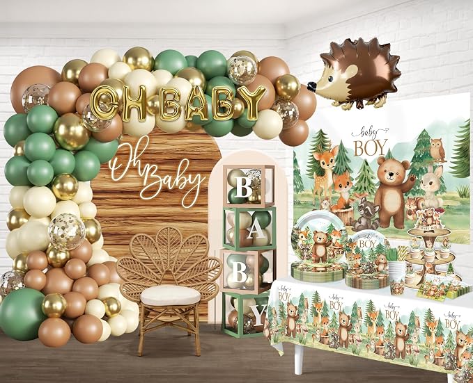 254Pcs Woodland Baby Shower Decorations, All-in-one Baby Boy Woodland Forest Animals Party Set with Plates, 2 Tablecloths, Cupcake Stand Woodland Theme Baby Shower Decorations
