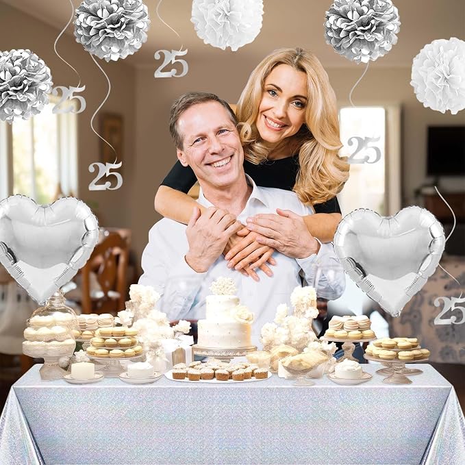 Hombae 25th Anniversary Decorations, Silver 25th Wedding Anniversary Party Decorations, 25 Year Anniversary Decor, Happy 25th Anniversary Backdrop Tablecloth Balloon Banner Hanging Swirls Pom Poms
