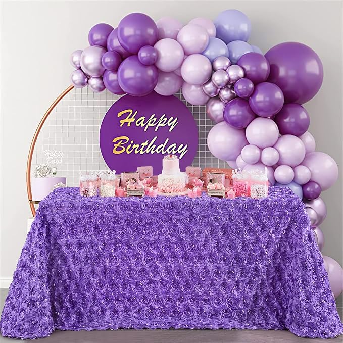 Fanqisi Purple Tablecloth 90x156 Inches Rosette Satin Tablecloth Birthday Party Table Cover Bridal Shower Table Decor Halloween Decorations