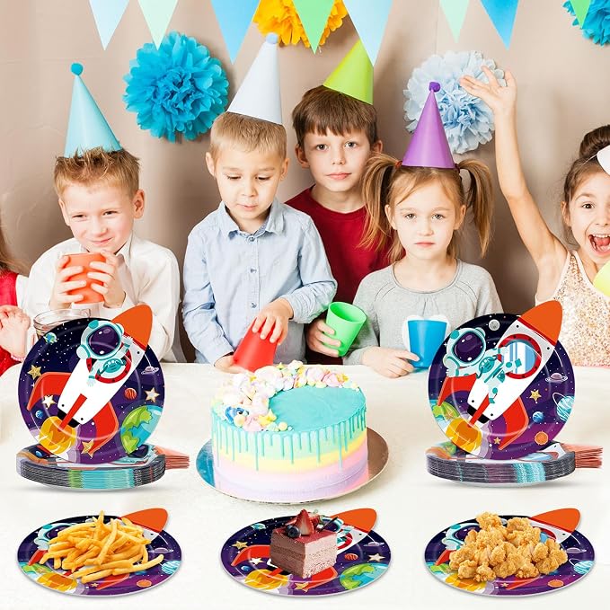 OBUSATT 60 PCS Rocket Ship Paper Plates 9In Outer Space Birthday Party Supplies Astronaut Galaxy Planet Tableware Decoration Space Theme Disposable Dinnerware for Kids Baby Shower Birthday Party Favor