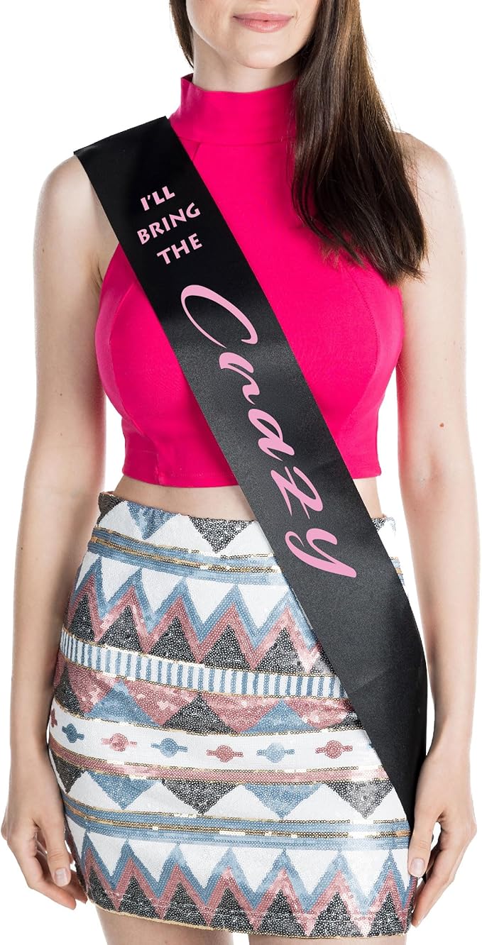 Funky Junque Funny Bachelorette Party Sash for Bridal Party, Bride to Be Sash 'I'll Bring The Crazy' (Black/Hot Pink)