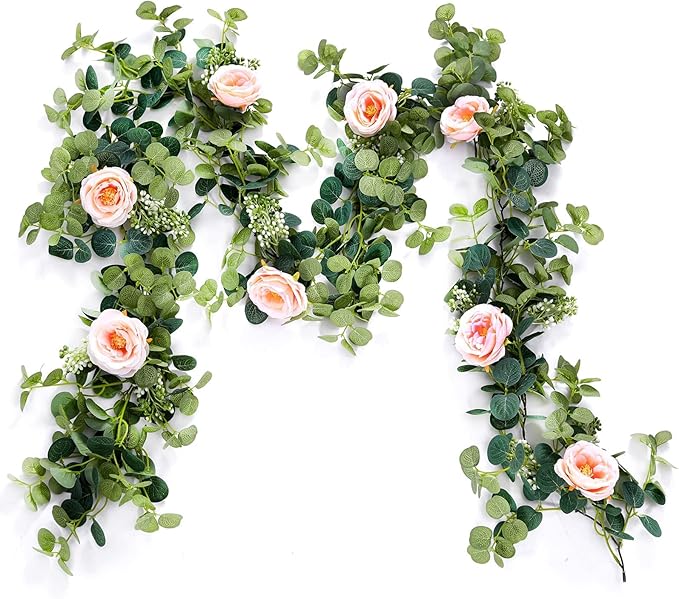 PARTY JOY 6.56ft Eucalyptus Garland with Flowers-8 Pink Roses-Lush,Natural Looking, Floral Garland Greenery for Party Wedding Table Indoor Outdoor Backdrop Wall Decor（Pink,1）