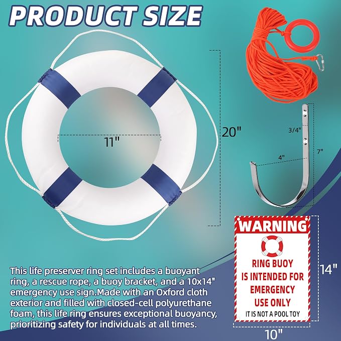 Calvana 20" Foam Life Preserver Ring with 98.4ft Floating Lifesaving Rope, Throwable Flotation Device, Pool Safety Float, for Buoy and Swimming Decoration, Boat Safety Equipment