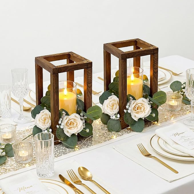 18 Pcs Wooden Lantern Centerpiece - Wedding Lantern with Roses Candles Rings LED Flameless Candles Rustic for Wedding Party Farmhouse Table Centerpieces Decor, Champagne Roses