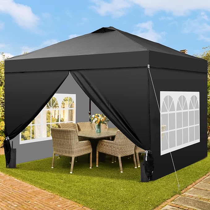 GDY 10x10 Pop Up Canopy Tent with 4 Sidewalls, Easy Set up with One Push Lift Outdoor Silver Coated Beach Gazebos, Carpas with 4 Sandbags, for Events, Parties,Camping, Black.