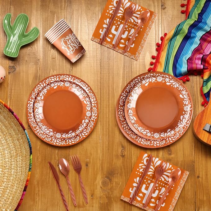 400 Pcs Cielito Lindo Party Decoration for 50, Terracotta Cielito Lindo Paper Plates Napkins Cups Cutlery Mexican Disposable Tableware for Cinco De Mayo Fiesta Baby Shower Birthday Supply