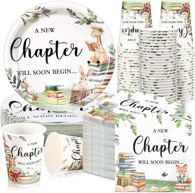 Hushee 200 Pcs Storybook Baby Shower Decorations Supplies A New Chapter Will Soon Begin Book Baby Shower Paper Plates Napkins Cups Library Reading Book Club Tableware Set for 50 Guest