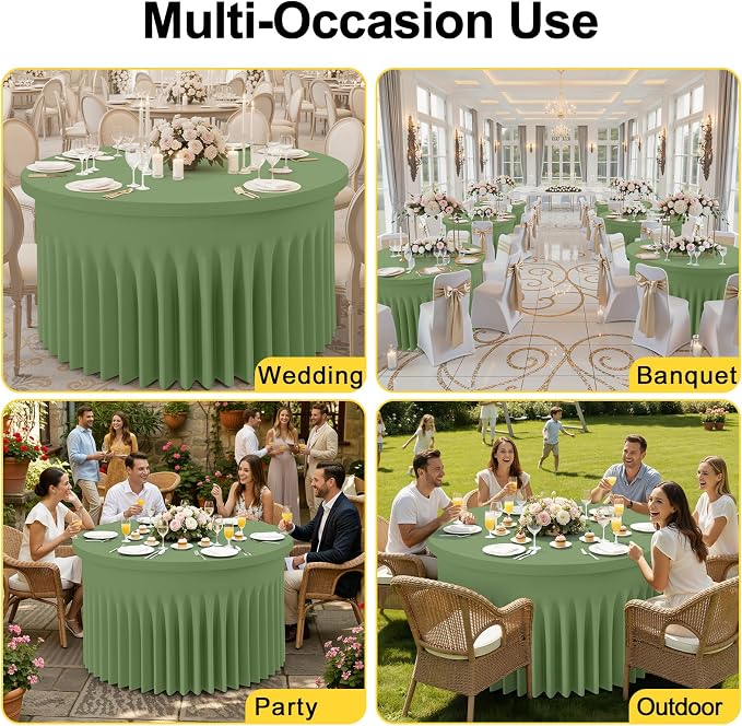 Smiry Round Spandex Tablecloth 2 Pack, Elastic Fitted Washable Tablecloths for 60 Round Tables, Waterpoof Stretch Table Cover Skirt for Outdoor, Wedding, Banquet & Parties, Sage Green