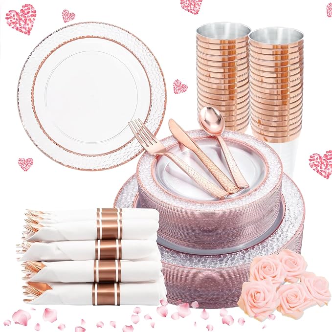Liacere 350PCS Rose Gold Plastic Plates-Clear Rose Disposable Plates 50 Guests include 50 Dinner Plates,50 Salad Plates,50 Forks,50 Knives,50 Spoons,50 Cups,50 Napkins for Wedding & Party