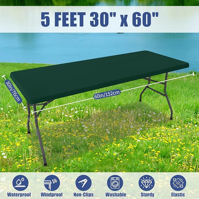Moosfor Spandex 5 Foot Rectangle Table Cloth 4 Pack, Elastic Fitted Tablecloths for Picnic, Stretch Washable Patio Table Cover for Outdoor, Camping, Banquet and Parties (Hunter Green, 30"x60")