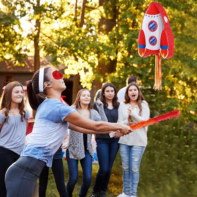 Rocket Pinata Space Pinata with Blindfold and Bat Space Themed Party Supplies for Girls Boys Kids Birthday Party Game Toys Favors Decorations, 16.5 x 10.7 x 3 Inches