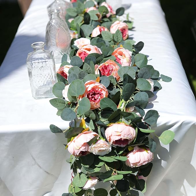 MISSPIN 2pcs Artificial Flowers Garland Spring Eucalyptus Garland Vintage Fake Flower Peony Rose Vine Greenery Decorative Wall Hanging Plant for Wedding Arch Door Arrangement Party Decor