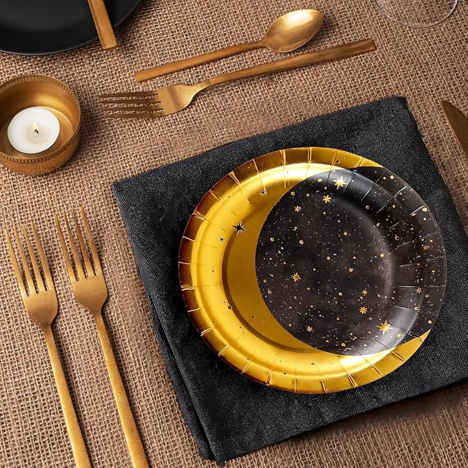 Cheerland Gold Metallic Foil Star and Moon Paper Plates for Galaxy Theme Party Tableware Set Starry Night Outer Space Birthday Party Table Christmas Decorations Twinkle Twinkle Little Stars (48, Gold)