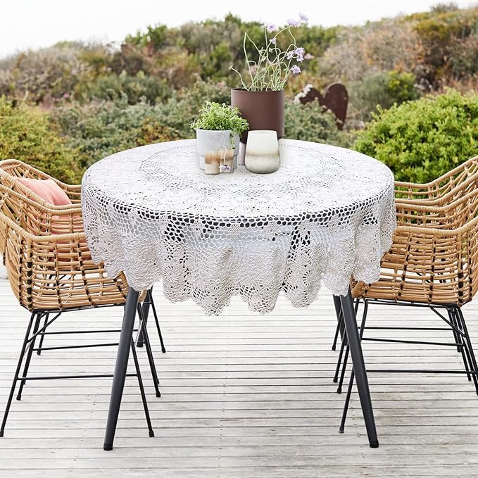 USTIDE 100% Cotton Lace Tablecloth Round White 70-inch Handmade Crochet Table Overlays Floral Design Table Covers