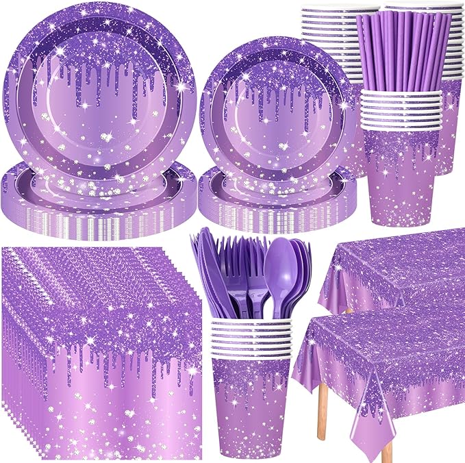 Funnymoom 452 Pcs Purple and Silver Birthday Party Decorations Include Glitter Purple Paper Plates and Napkins Cups Tablecloth Cutlery Straws Disposable Tableware Set for Women Birthday Supplies