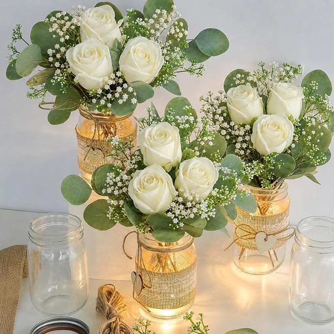 Cinrobiye 6 Sets Rustic Wedding Centerpieces for Tables with Mason Jars, White Rose and Eucalyptus Floral Arrangements, Bridal Shower, Baby Shower, Engagement Party and Farmhouse Table Decorations