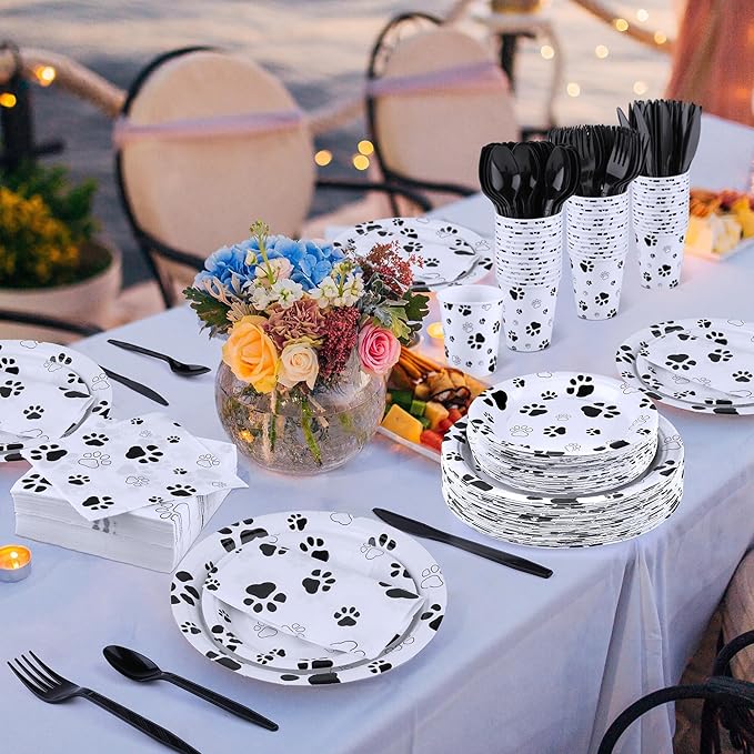 Kochorie 400 Pieces Black Paw Disposable Party Tableware Sets Dog Puppy Supplies Including Plates Cups Napkins Cutlery Serves 50 for Birthday Puppy Theme Party Decorations