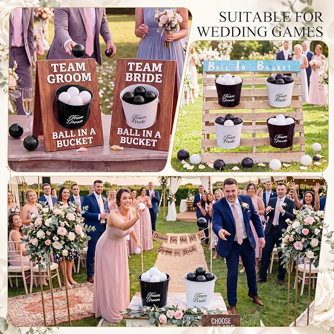 Blueweenly Wedding Giant Yard Game Bride Groom Bucket Set 2 Black White Large Buckets and 2 Balls for Wedding Reception Outdoor Games Lawn Party Fun House Parties Favors