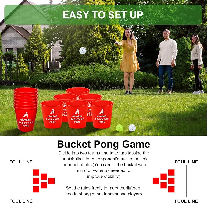 Aivalas Yard Pong Outdoor Games Glow Set in Dark, Giant Yard Pong Game for Adults and Family with 12 Buckets, 4 Balls and a Carrying Bag, Giant Pong for Beach, Camping, Lawn and Backyard