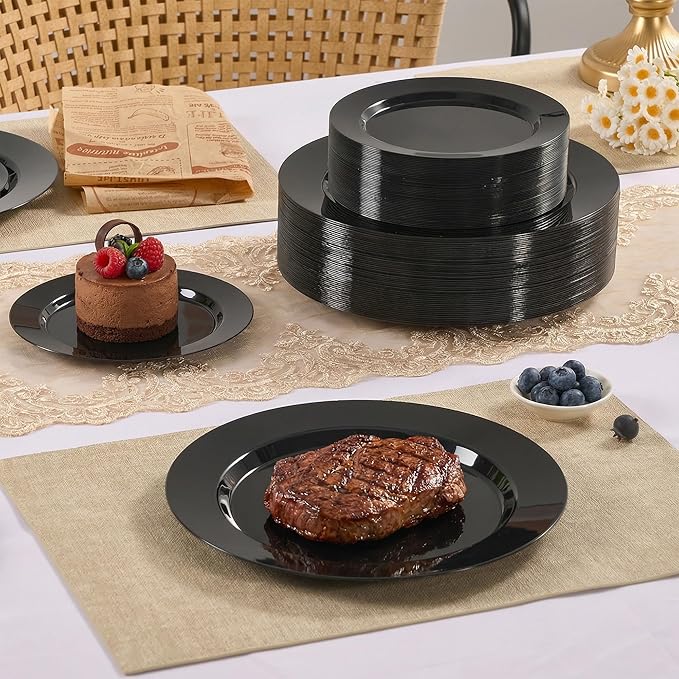 Fijinhom 100PCS Black Disposable Plates for 50 Guests Including 50PCS 10" Dinner Plates & 50PCS 7" Dessert Plates, Black