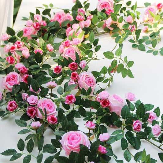 2 PCS 12FT Bendable Flower Garland, Artificial Rose Vine Hanging Floral Garland Decoration for Weding Home Room Wall Decor (Pink)