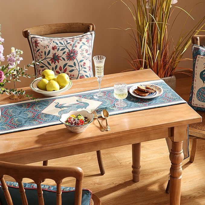 bilin gaier Vintage Blue Peacock Small Table Runner for Table,Decorative Linen 63 Inches Long Table Runners,Decor Tabletop for Kitchen,Dining,Tea Party,Home,Christmas,12"x63"