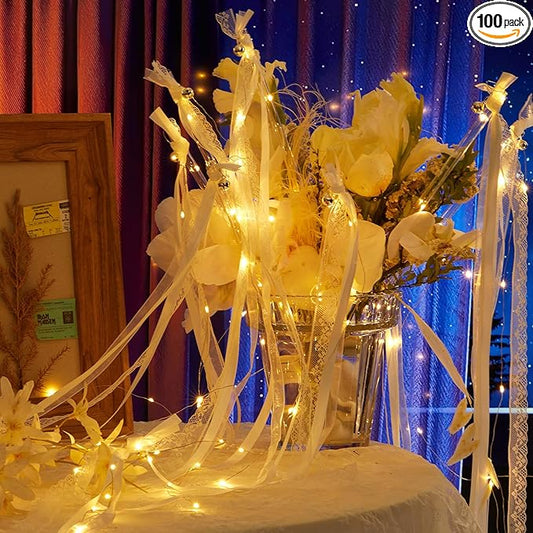 OGU' DEAL 100PCS Light Up Fairy Wands with Streamers & Bells, 3 Colorful Flashing Modes Glow Wands for Wedding Send Off, New Year, Thanksgiving, Concert Party Favors