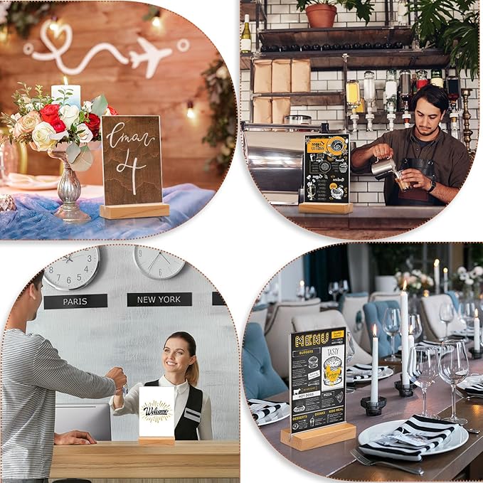 Vinsot 16 Pack 5 x 7 Inch Clear Acrylic Sign with Wood Base T Shape Sign Holder Vertical Blank Stands Desktop Display Plastic Menu Frame Double Sided Stand for Wedding Restaurant Party Decor