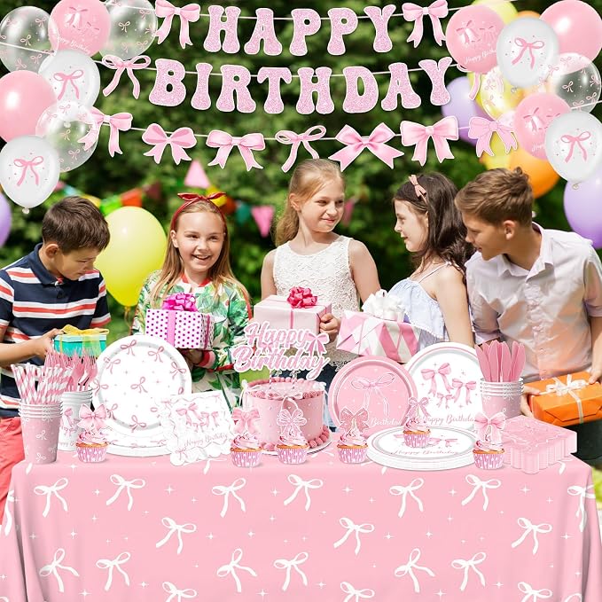 Pink Bow Birthday Party Supplies Serve 24, Coquette Birthday Decorations Include Bow Plates Napkins Cups Banner Tablecloth Cake Topper Balloons Bow Theme Tableware for Girls Bachelorette Decor