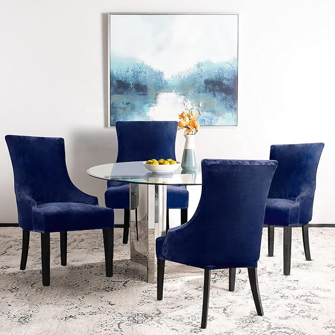 Lellen Velvet Stretch Wingback Chair Cover Slipcover - Reusable Protector Cover for Dining Room Banquet Home Decor etc Machine Washable Hand Washable (Navy, 2PC)