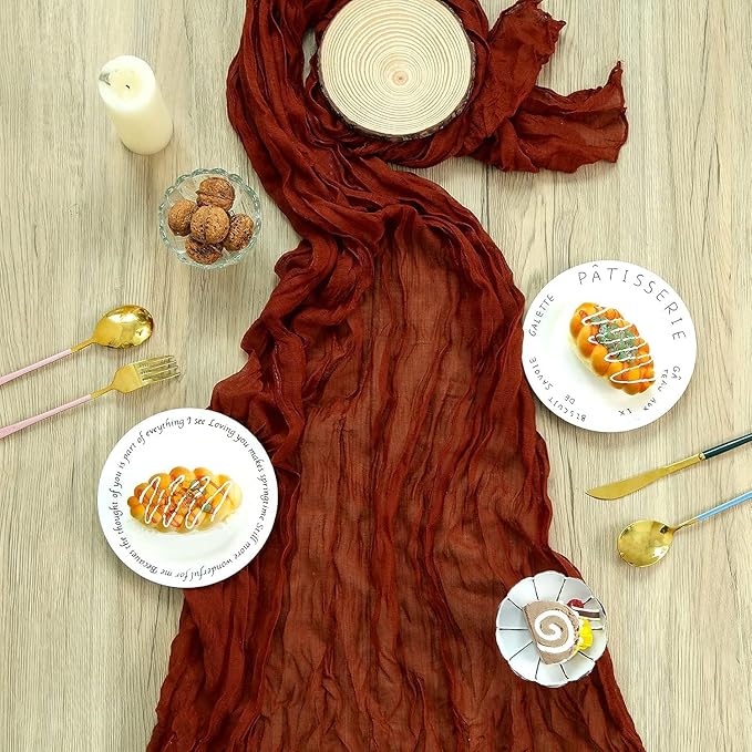 12 Pack Cheesecloth Table Runner, 35x120 Inch Terracotta Table Runners Rustic Burnt Orange Cheese Cloth Boho Gauze Semi-Sheer Runner for Wedding Baby Shower Christmas Home Decor