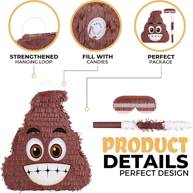 Poop Pinatas Bundle with a Blindfold and a Bat(15.7 x 13.4 x 5 Inches), Birthday Parties for Boys, Decoration for Theme Parties