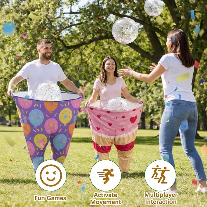 11 Pcs Birthday Granny Pants Set, 2 Giant Inflatable Pants with 1 Pump 6 Bouncy Balls & 2 Birthday Glasses, Outdoor Tossing Party Activity for Adults & Family Gatherings