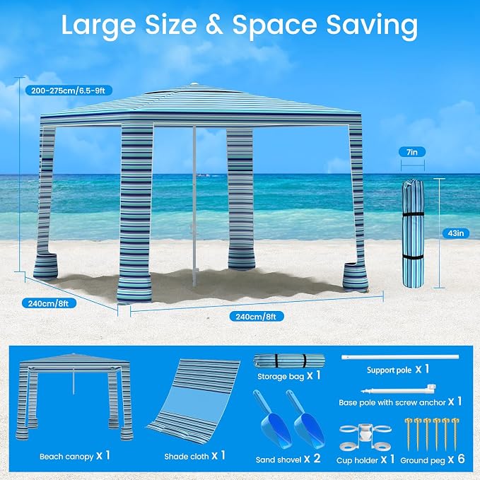 MoKo Beach Cabana, 8'×8' Large Beach Canopy with Side Wall, UPF 50+ Protection Easy Setup Beach Tent Sun Shelter, Adjustable Height Wind Resistant Cabana Beach Tent for Whole Family, Blue-Green Stripe