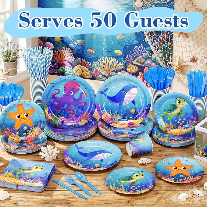 450 Pcs Under the Sea Tableware Set Party Decorations Ocean Birthday Paper Plates Napkins Cups Cutlery Straws for Sea Animal Theme Underwater Creatures Beach Party Supplies, Serves 50