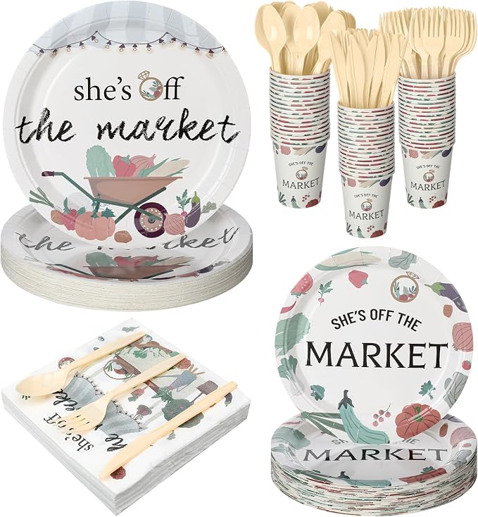 Yungyan 252 Pcs She's off the Market Bridal Shower Party Tableware Set Included Plates Napkins Cups Forks Knives Cutlery for Party Decorations Supplies 36 guests