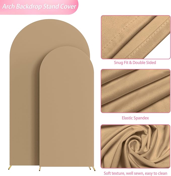 Wokceer Wedding Arch Stand 7.2FT, 6FT Spandex Fitted Arch Cover 2 Set Round Top Chiara Arch Backdrop Stands for Birthday Party Ceremony Banquet Decoration Khaki