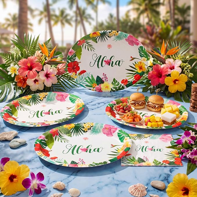 Pajean 350 Pcs Summer Hawaiian Party Supplies Luau Oval Plates and Napkins Set Palm Leaf Aloha 12 in Disposable Tropical Heavy Duty Paper Tableware Set for 50 Guests Summer Luau Beach Party Supplies