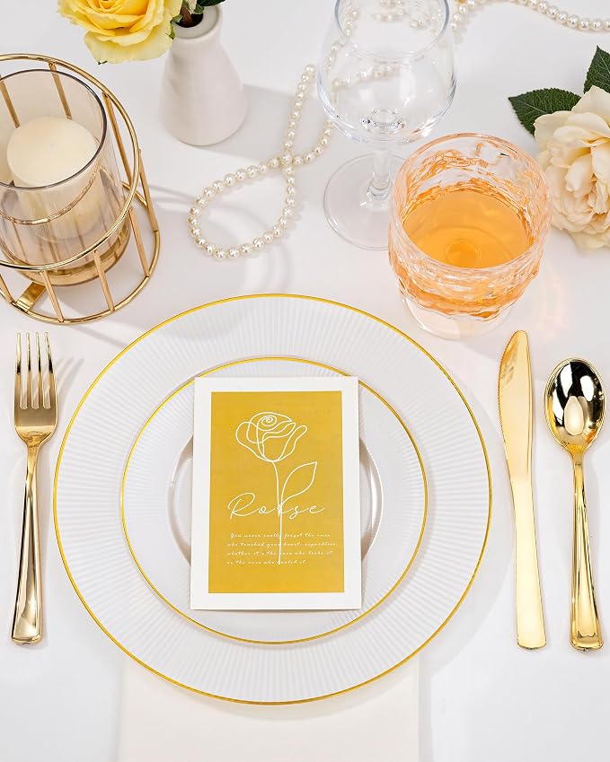 Hioasis 60pcs White and Gold Plastic Plates - White Disposable Dinnerware Set, 30pcs Dinner 10in & 30pcs Dessert 7in Plates with Striped Designs for Party & Wedding