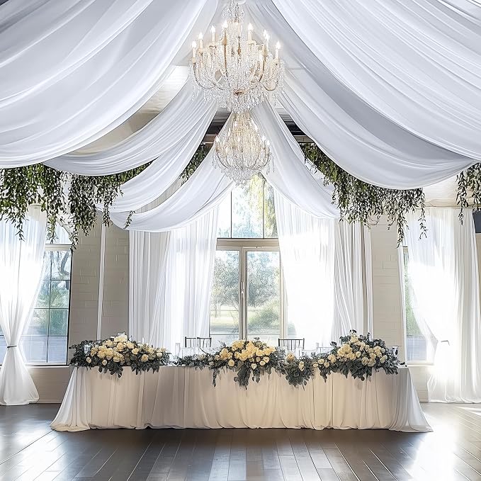 12 Panels 5x20ft White Ceiling Drapes for Wedding Parties, Wrinkle Free Thick Polyester 20 ft Long Canopy Tent Draping Ceiling Curtains Arch Drapery for Birthday Event Venue Decoration