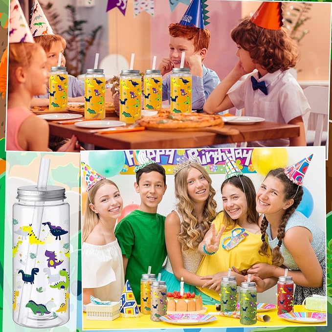 Skylety 30 Pcs Cartoon Dinosaur Plastic Cups with Lids and Straws 13.5 oz Summer Dinosaur Reusable Plastic Tumbler Hawaii Tropical Party Decor for Summer Holiday Women Birthday Party Supplies