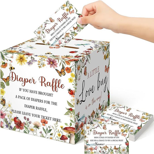 Teling 51 Pieces Diaper Raffle Tickets Box with Card Baby Shower Decorations Gender Reveal Holder Box for Girl Boy Diaper Raffle Party (Love Bug Style)