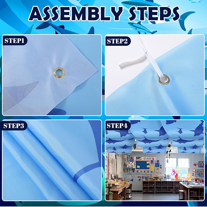 VioraWhite 3 Pcs Under the Ocean Ceiling Decorations Shark Themed Birthday Party Decorations 24 Inch x 12 ft Shark Manta Ray Banners Marine Sea Animal Ceiling Covers for Baby Shower Daycare Classroom