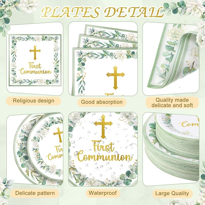 Pickmesh 250 Pcs Green First Holy Communion Disposable Tableware Set God Bless Baptism Disposable Paper Plates Napkins and Cups for Christening Celebration Baby Shower Religious Supplies Serve 50