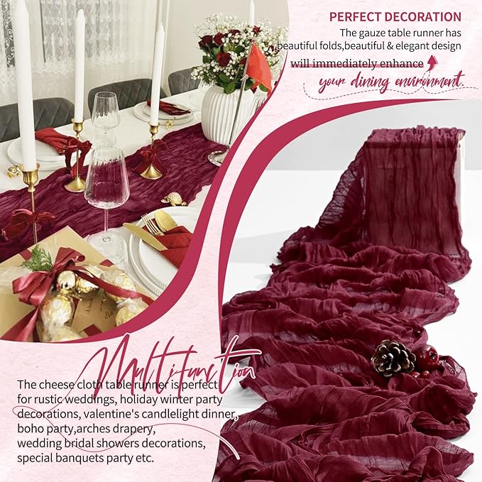 2 Pack Cheesecloth Table Runner 10FT Burgundy Red Table Runner Boho Gauze Cheese Cloth Table Runners Long Rustic Sheer Table Decorations for Wedding Party Baby Bridal Shower Birthday Holiday Home