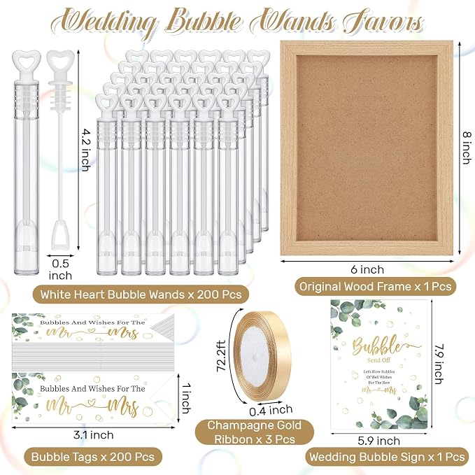 405 Pcs Wedding Send Off Bubble Ideas Set Include Heart Bubble Wands Gift Tags Cards Wood Photo Frame Ribbons Wedding Send Off Party Favors for Guests(Champagne Gold)